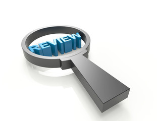 3d word "review" with a magnifying glass