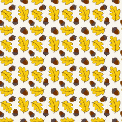 Autumn seamless pattern with oak leaves and acorns. Vector backg