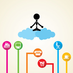 Stressed man meditating in clouds and relaxing, finding peace