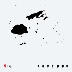 High detailed vector map of Fiji with navigation pins.