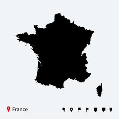 High detailed vector map of France with navigation pins.
