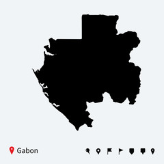 High detailed vector map of Gabon with navigation pins.