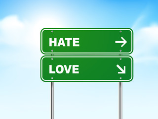 3d road sign with hate and love