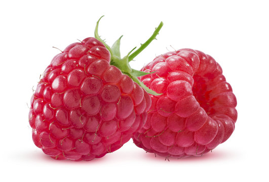 Two raspberries isolated on white background