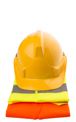 Yellow hard hat and orange and yellow reflective best over white