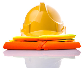 Yellow hard hat and orange and yellow reflective best over white