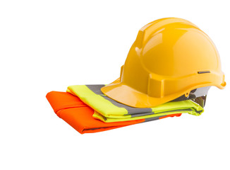 Yellow hard hat and orange and yellow reflective best over white