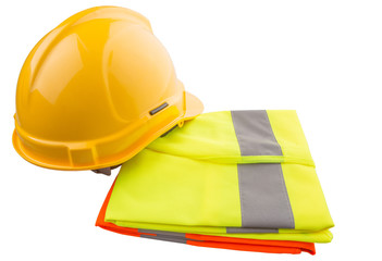 Yellow hard hat and orange and yellow reflective best over white