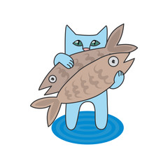 vector illustration blue cat caught two fish
