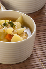 Chicken soup with vegetables close up