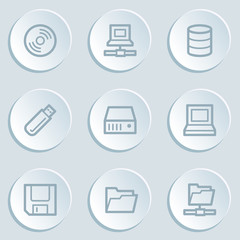 Drives and storage web icons, white sticker buttons