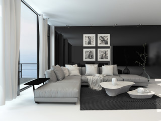 Lounge interior with a dark accent wall
