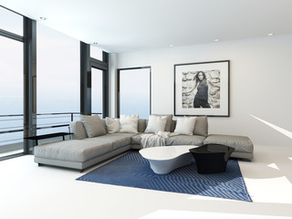 Modern waterfront apartment interior - obrazy, fototapety, plakaty