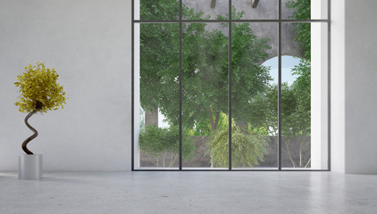 Large window overlooking a courtyard with plants