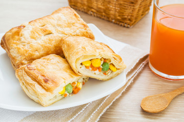 Chicken pie and fruit juice