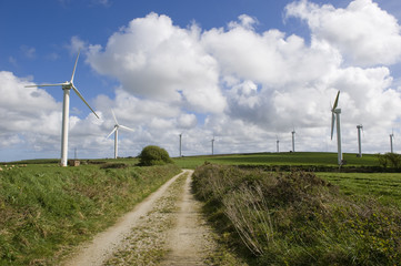 The road to clean energy. Wind turbines in Cornwall (UK).