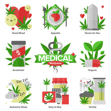 Medical marijuana flat icons set