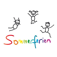 Ferien, Schulfrei, Sommerferien - Schriftzug mit fröhlichen Kindern