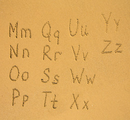 Alphabet written on a sand beach.(M-Z) 2/2