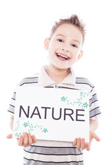 Happy boy with nature sign