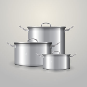 Illustration of three aluminum saucepans