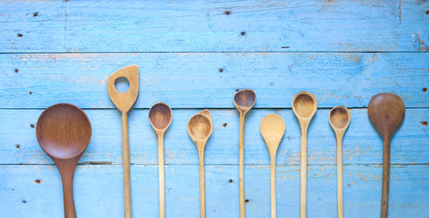 vintage kitchen utensils, wooden spoons,, free copy space