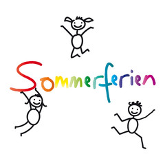 Ferien, Schulfrei, Sommerferien - Schriftzug mit fröhlichen Kindern
