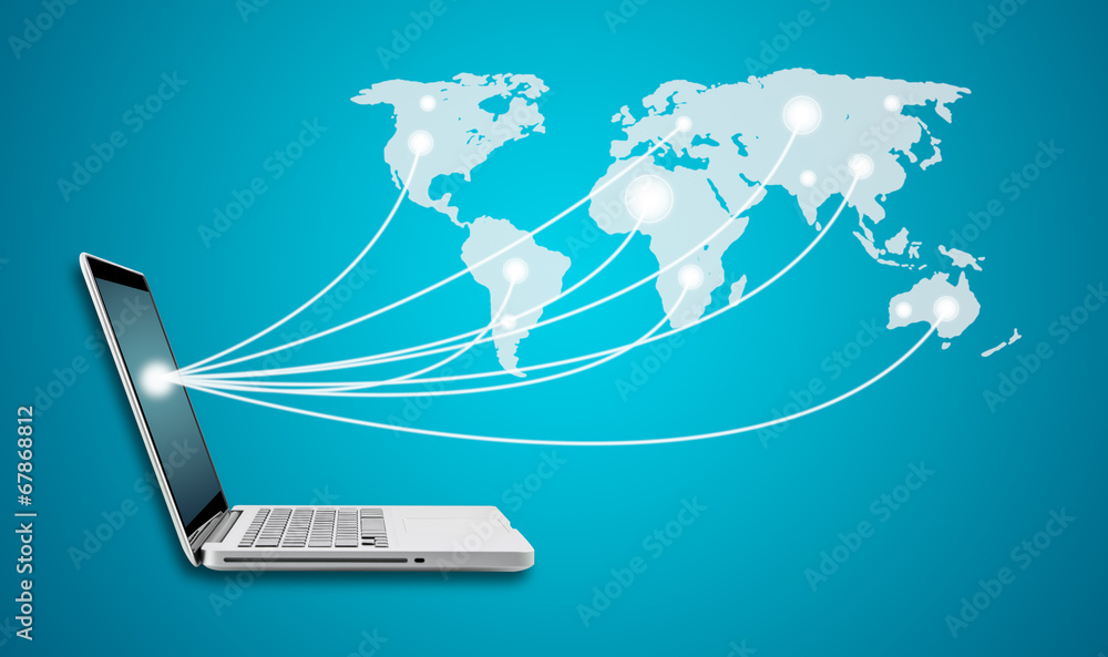 Poster computer laptop with social network world map social networking