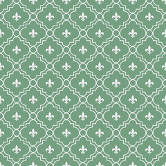 White and Green Fleur-De-Lis Pattern Textured Fabric Background