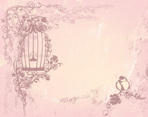 vintage rose garden with open cage and bird