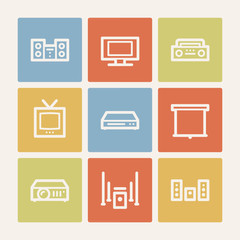 Audio video web icons, color square buttons