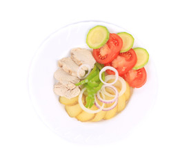 Chicken salad with potatoes and zucchini.