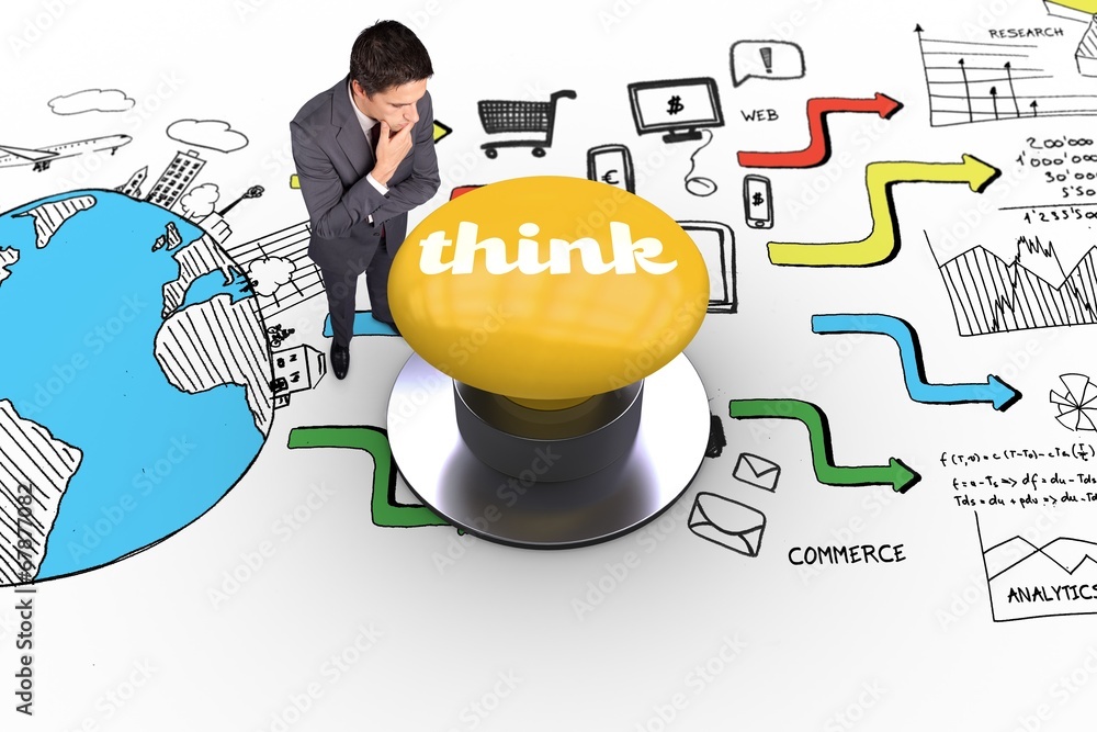 Poster think against yellow push button