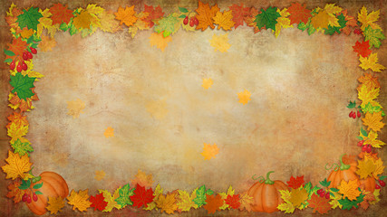 Golden background with colored leaves, fruits,berries.  Autumn.