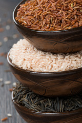 red, wild and pink rice in a ceramic bowl, close-up