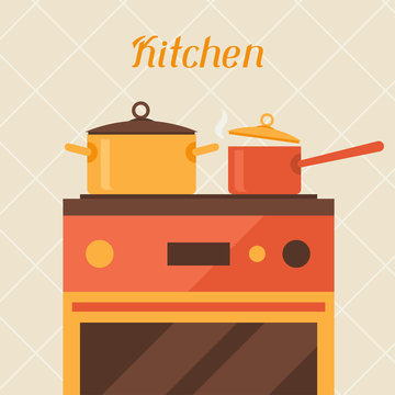 Card With Kitchen Oven And Cooking Utensils In Retro Style.