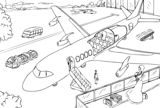 Cross-section of airplane in airport