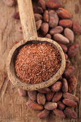 grated dark chocolate in old wooden spoon on roasted cocoa choco