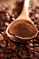 grated coffee in spoon on roasted coffee  beans background