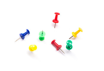 Set of push pins in different colors, with real shadows, isolate