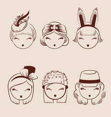 fashion girls in head accessories icon set hand drawn