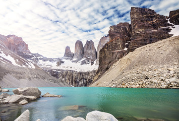 Mountains and lake in Torres del Paine National Park, Patagonia, Chile.