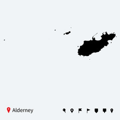 Fototapeta premium High detailed vector map of Alderney with navigation pins.