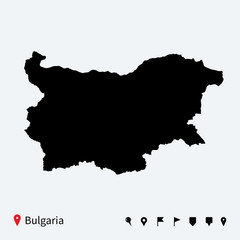 High detailed vector map of Bulgaria with navigation pins.