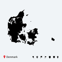 High detailed vector map of Denmark with navigation pins.