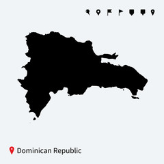 High detailed vector map of Dominican Republic with pins.
