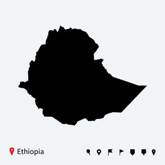 High detailed vector map of Ethiopia with navigation pins.