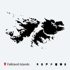 High detailed vector map of Falkland Islands with pins.