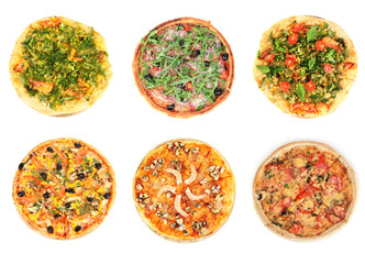Collage of different pizza isolated on white