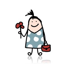 School girl with flower and bag, sketch for your design